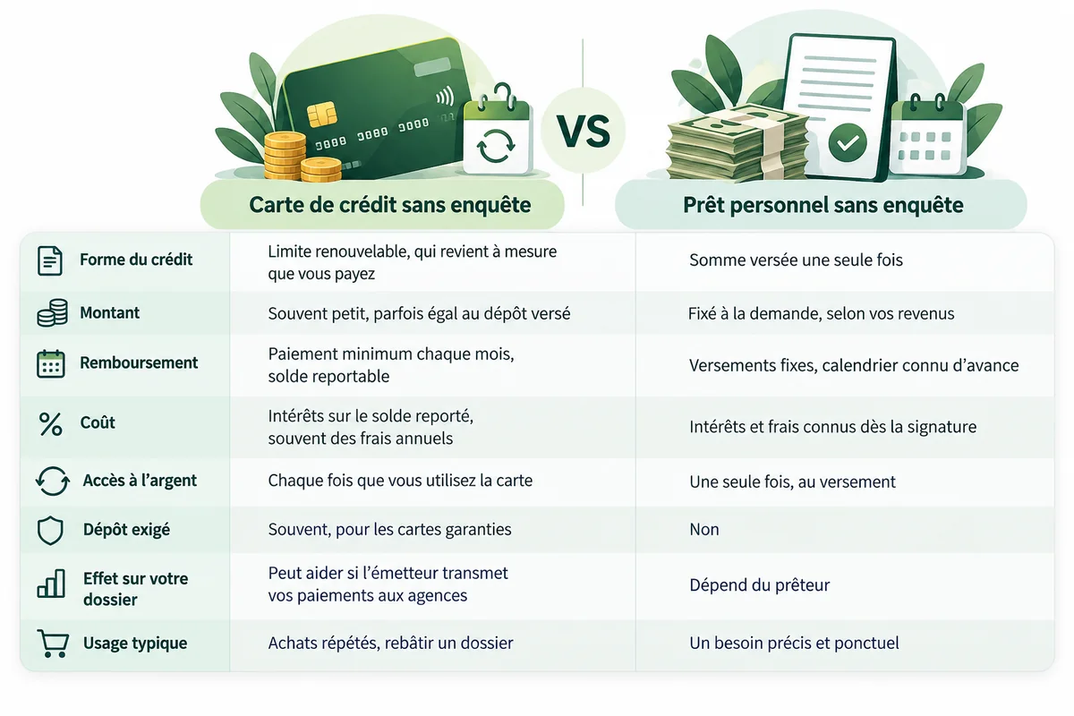 Comparaison d’une carte de crédit sans enquête et d’un prêt personnel